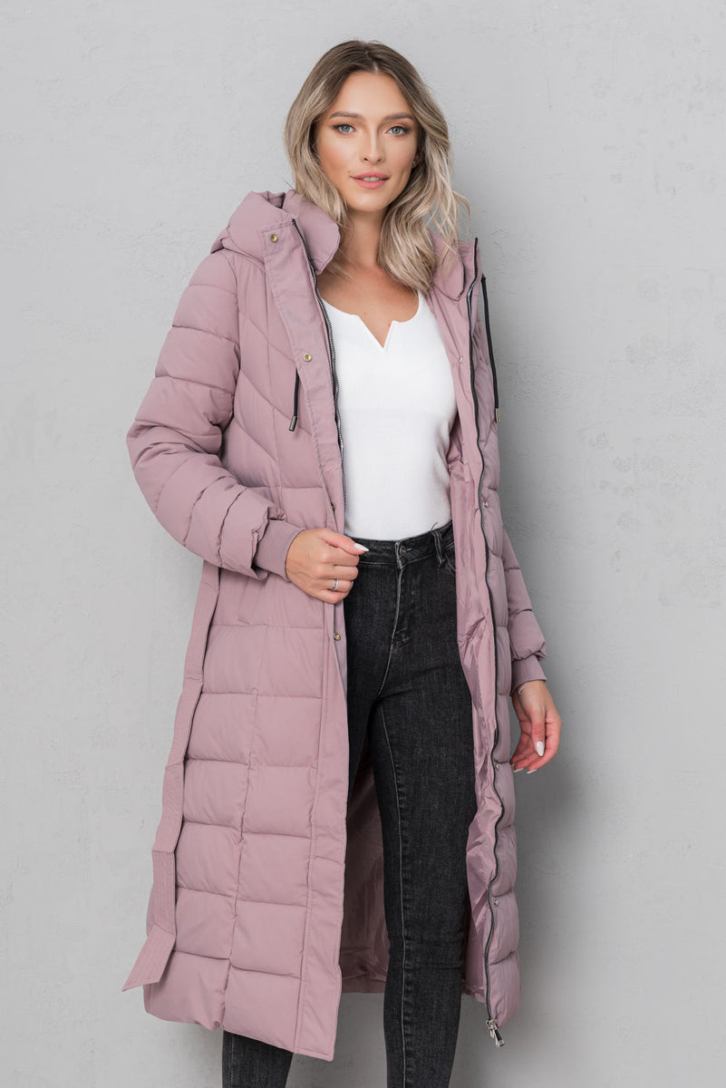 Geaca lunga cu gluga si capse - MALVINA - Roz Prafuit – BWEAR.RO